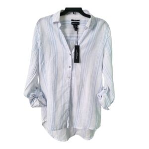 White and Blue Striped Button-Up Shirt